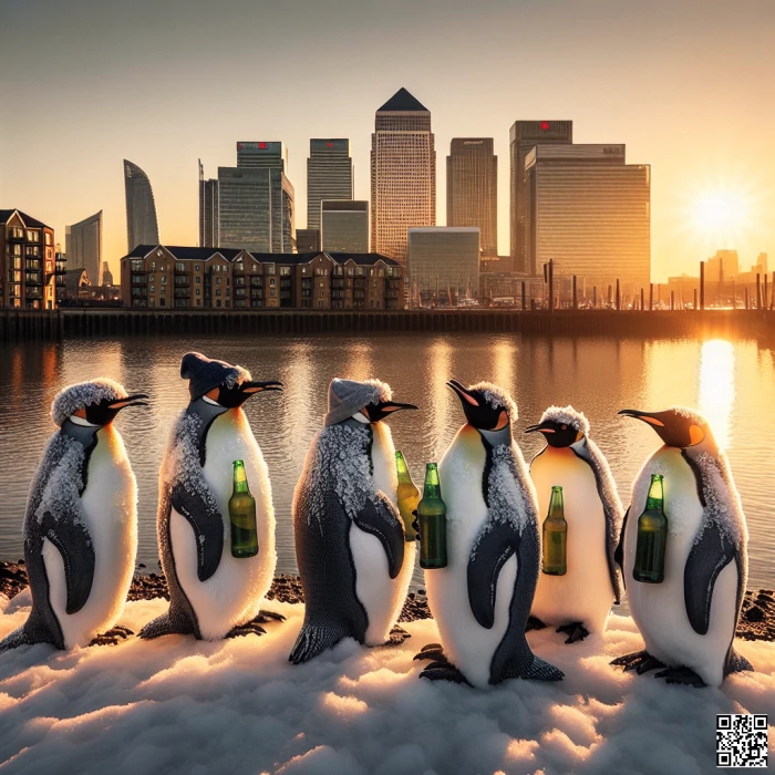 Penguins drinking beer at Canary Wharf on the sunset