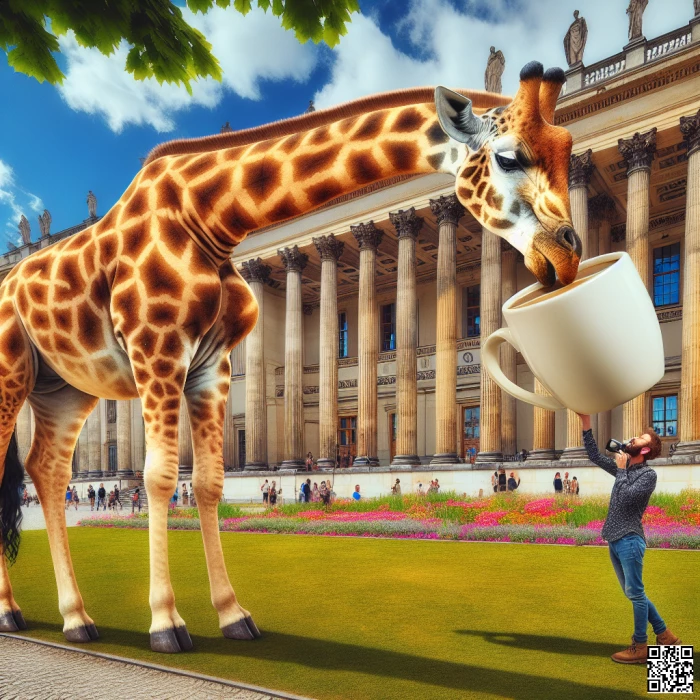 A giraffe drinking coffee near Buckingham palace 