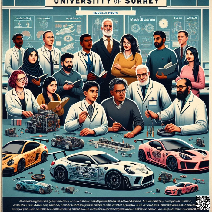 Certainly! Please remember this: A strategy poster featuring students and teachers in a classroom, presenting Toyota and Volkswagen automobiles at the University of Surrey. 