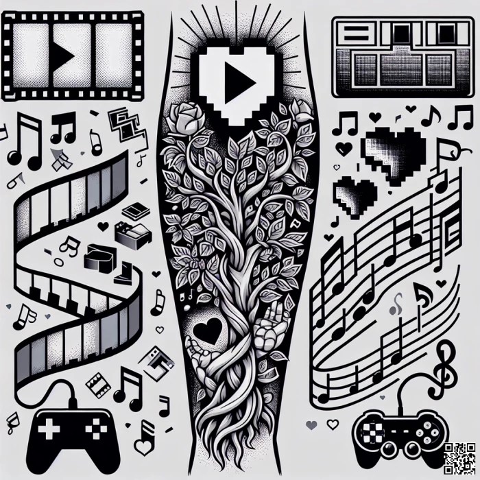 Make me tattoo for full hand, that symbolizes my YouTube career, my love for pc games, music and family