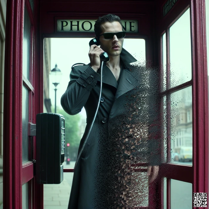 Neo from matrix in a London phone booth with the receiver at his ear dissolving from the bottom 