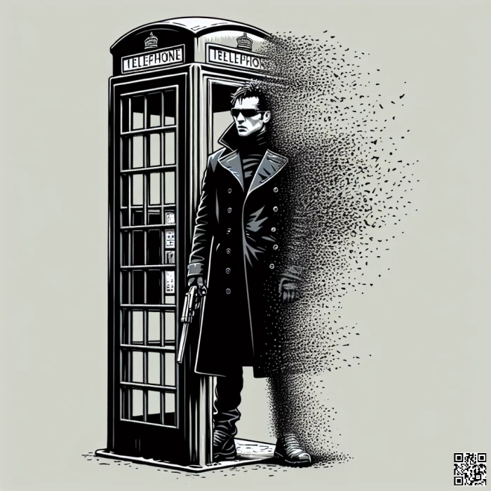 Neo from matrix using a London phone booth and dissolving from the feet, graffiti style, max 5 colours