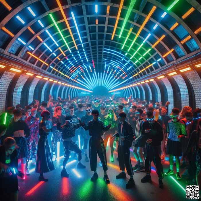 Techno party under a bridge in London with techno style clothing dressing 