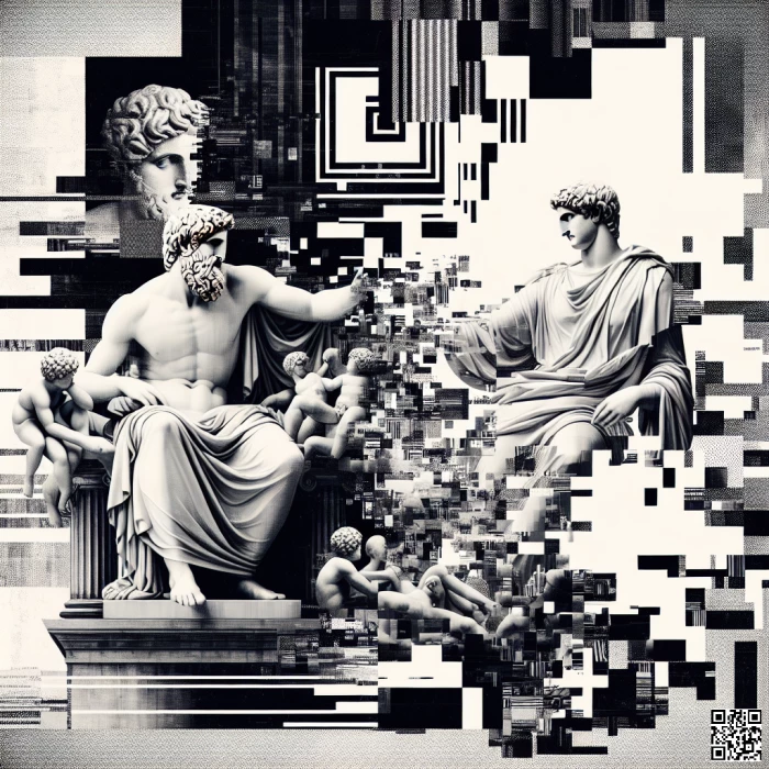 Techno style collage with greek statue and glitch art in black and white