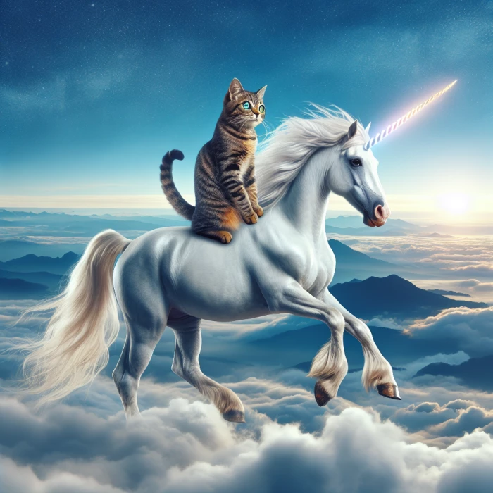 Cat riding flying unicorn