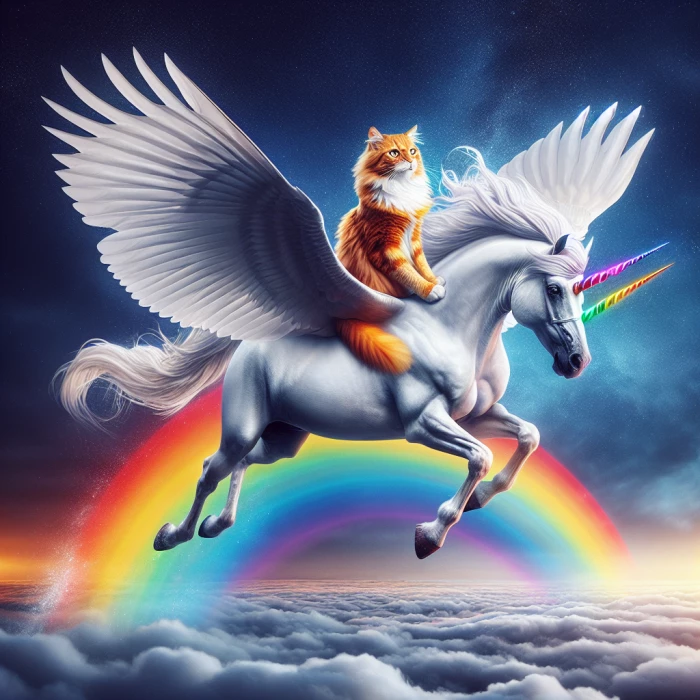 Ginger cat riding Pegasus unicorn over a rainbow