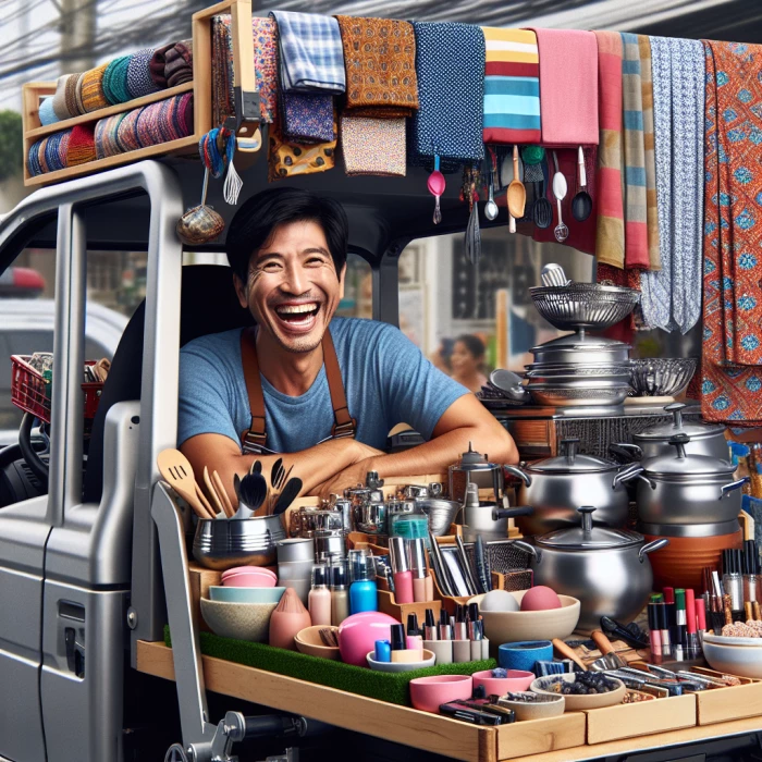 happy street hawker selling cloths, kitchen ware and cosmetic items on his loader delivery vehicle high tech 