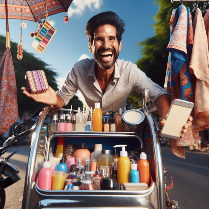 happy street hawker selling happily cloths, kitchen ware and cosmetic items on his loader high tech rickshaw
