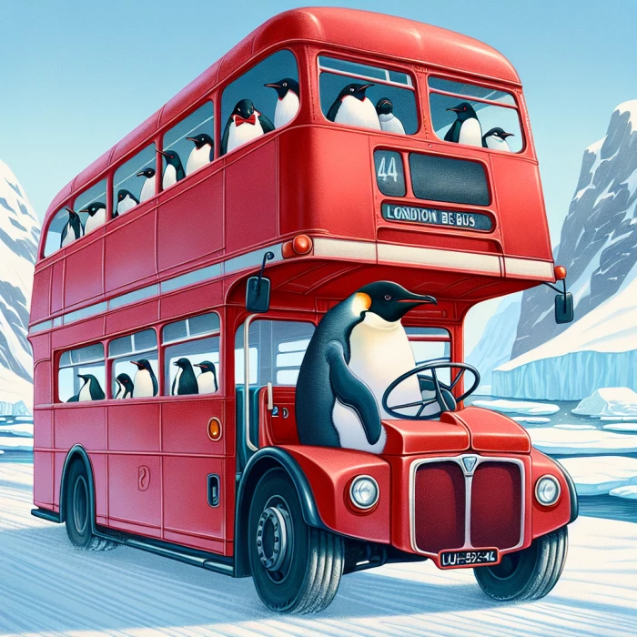 London bus driving penguins in Antarctica