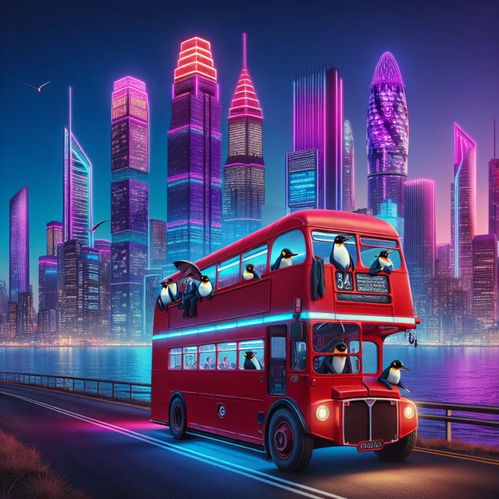 London bus driving penguins in Australia, cyberpunk style 