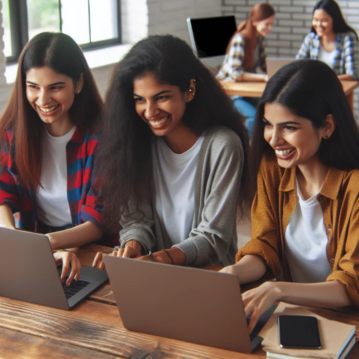 3 developer girls , working together with their laptops, in a big
 house a round a table , having fun
