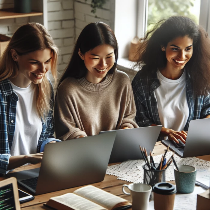 3 developer girls , working together with their laptops, in a house a round a table , having fun
