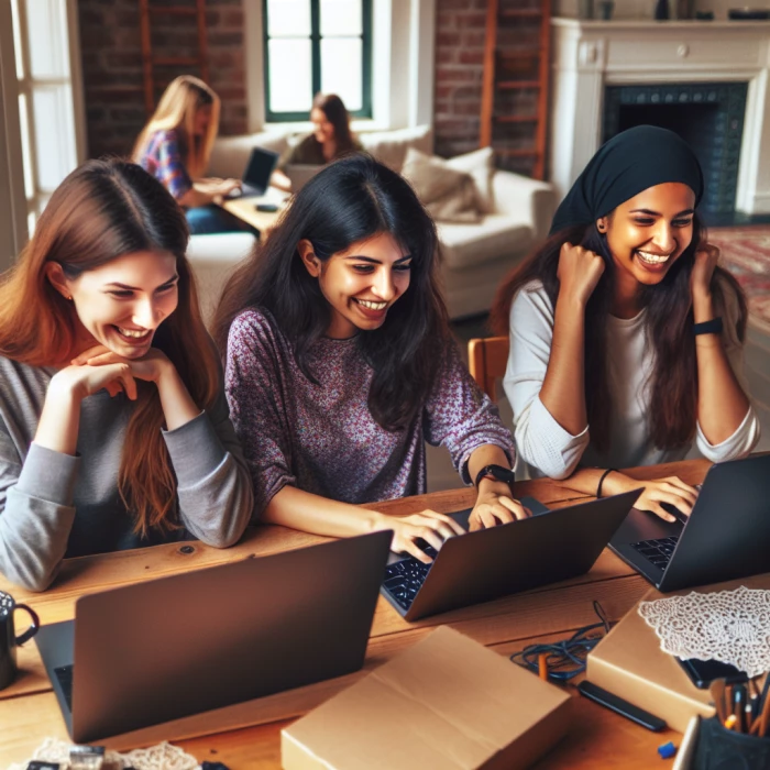 3 developer girls , working  with their laptops, in a 

 house a round a big table , having fun
