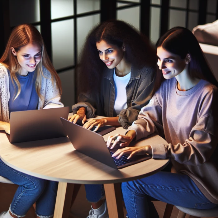 3 developer girls , working  with their laptops, in a 

 modern 
house a round a big circle table , having fun
