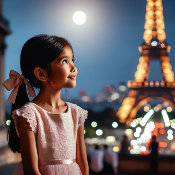 a girl in paris , its night and she is looking at ifel tower
