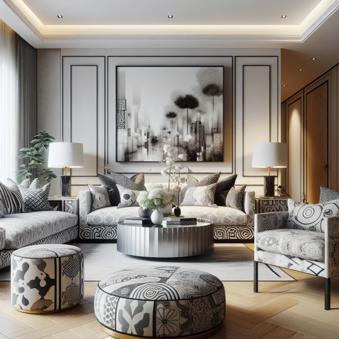 a living room with Louis vuitton branded 
furniture 


