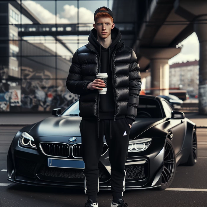 dredhead roadman with double cup infront of a bmw 
