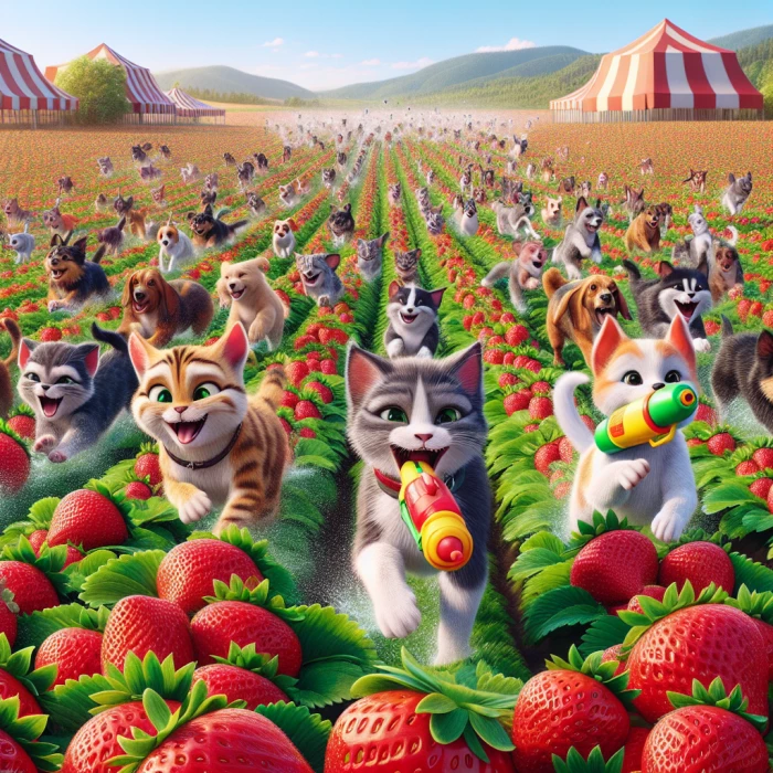 1000 kittens running through a field of strawberries being chased by dogs with guns