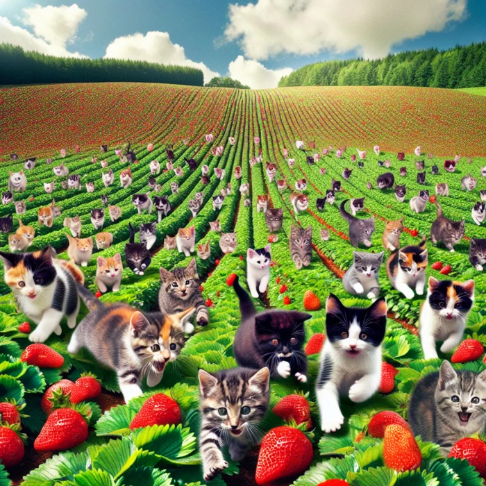 1000 kittens running through a field of strawberries