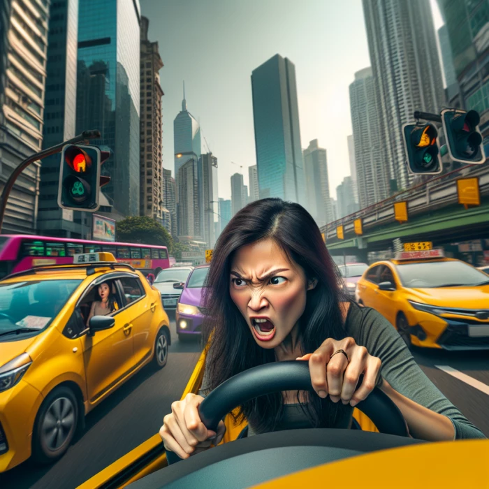 Angry Asian woman driving a yellow car