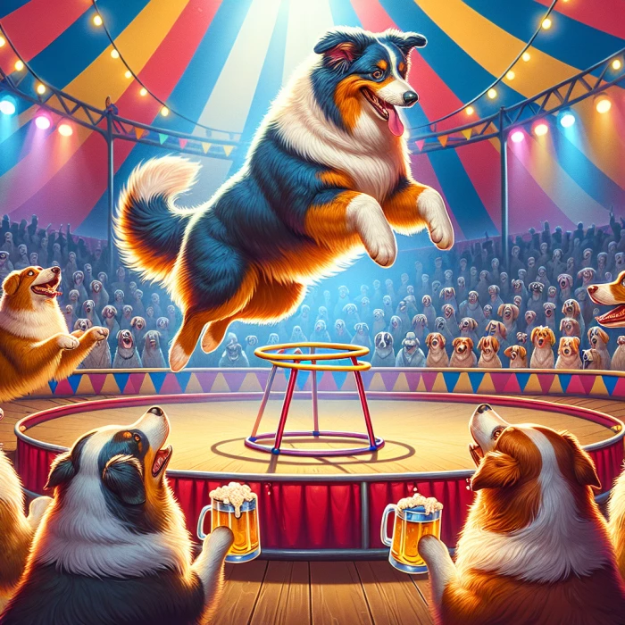 Australian shepherd dog doing tricks in a circus surrounded by other cheering dogs with beers in their paws 