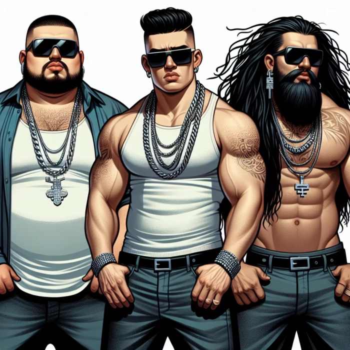 3 male reggaeton musicians with sunglasses and chains 1 of them a bit fat the other one tall and the last one long hair 
