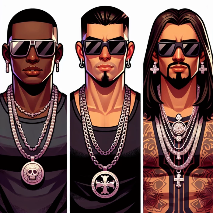 3 male reggaeton musicians with sunglasses and chains 1 of them 
 tall and the last one long hair 
