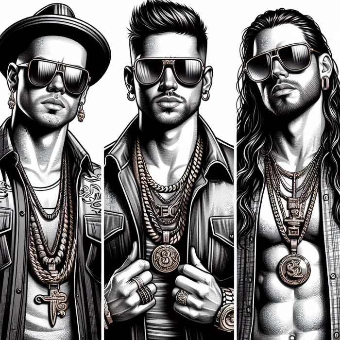 3 male reggaeton musicians with sunglasses and chains 1 of them 
 tall and the last one long hair all of them white 

