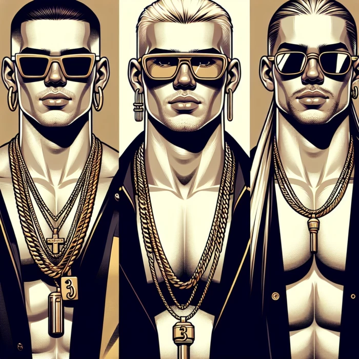 3 male reggaeton musicians with sunglasses and chains 1 of them 
 tall and the last one long hair all of them white 


