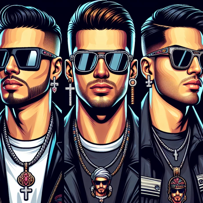 3 male reggaeton musicians with sunglasses and chains 