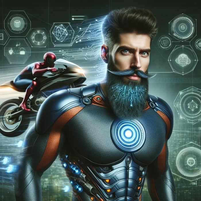 AI innovation superhero with beard and motorbike