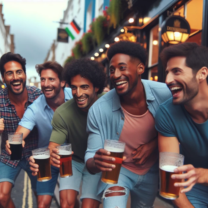 All the lads on a bar crawl literally crawling pub to pub drinking