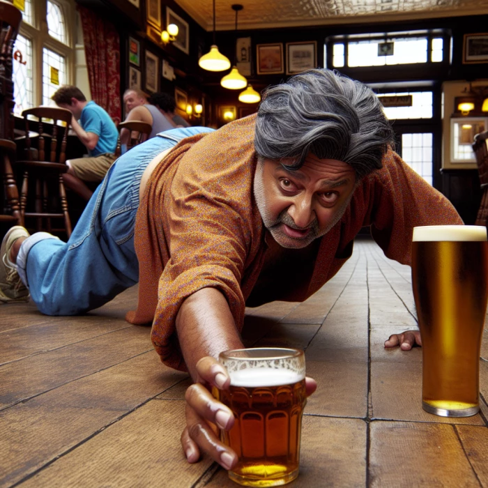 Crawling man holding a pint of beer