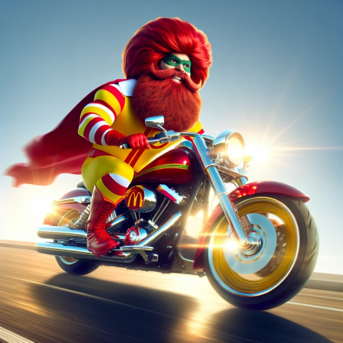 McDonalds superhero with beard on a motorcycle 