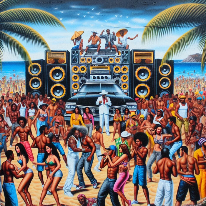 Sol y paya  reggaeton art work una fiesta en la playa y un coche con unos gran altavoces 


