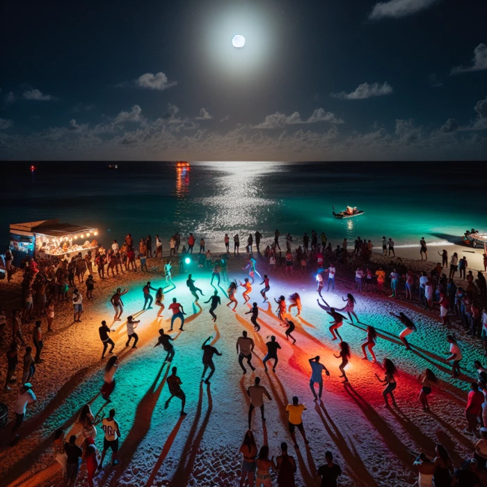 Una playa del caribe de noche con una fiesta de reggaeton 





