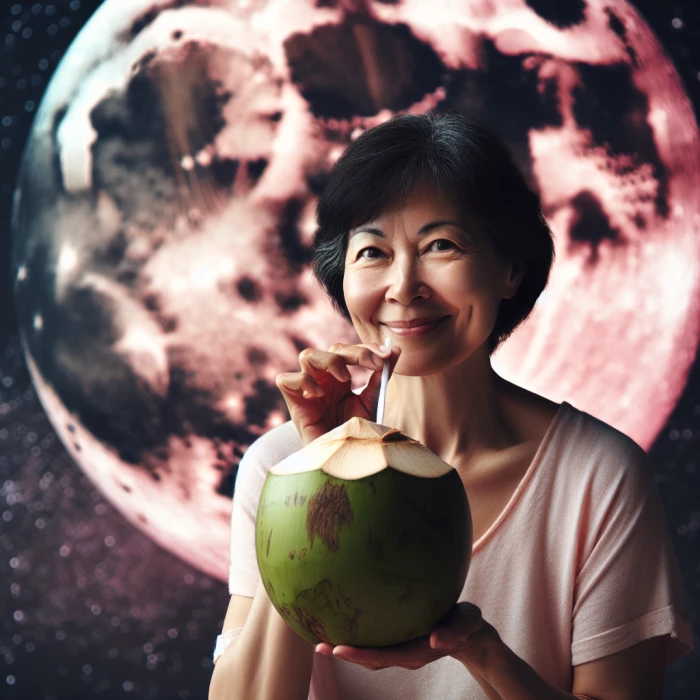 Asian lady drinking coconut on a pink moon