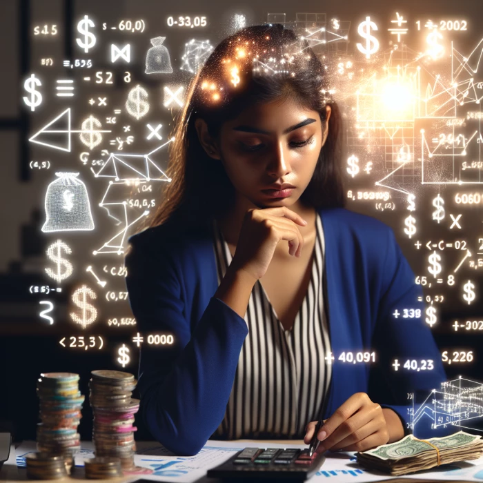 Asian accountant girl surrounded by equations, money and thoughts 