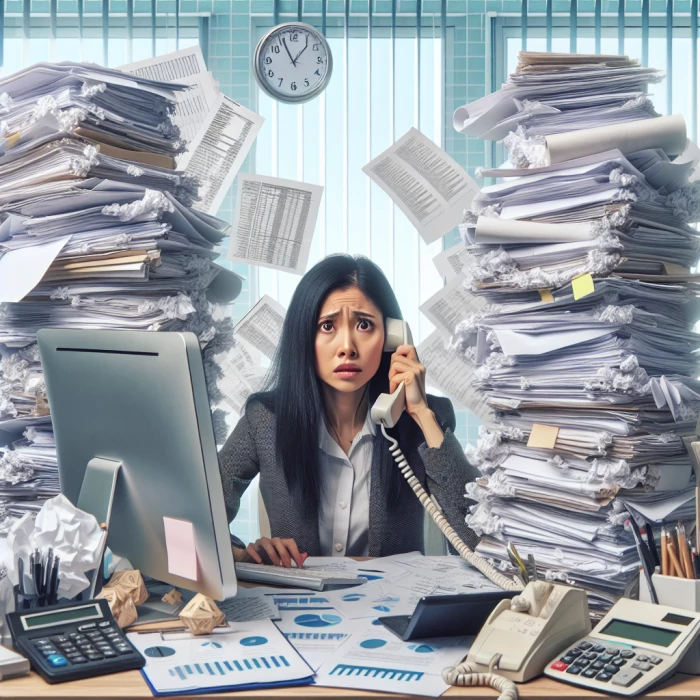 Asian women accountant overloaded with work surrounded by chaos