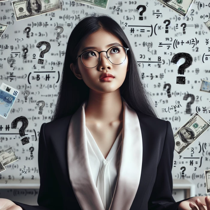 Malaysian accountant confused girl surrounded by equations, money and thoughts, looking up and thinking