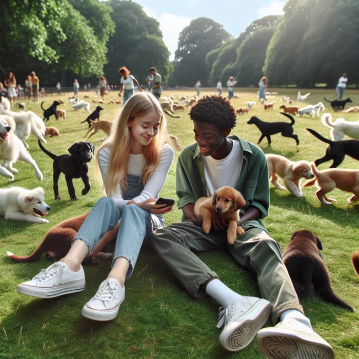 A girl and a guy smokes weed in Hyde park in London, surrounded by puppies 