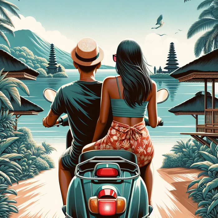 A guy and a girl riding scooters on Bali, photorealistic from behind 