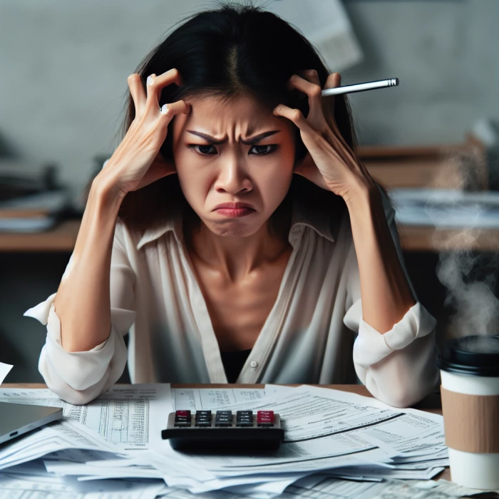 Angry Asia woman doing accounting 