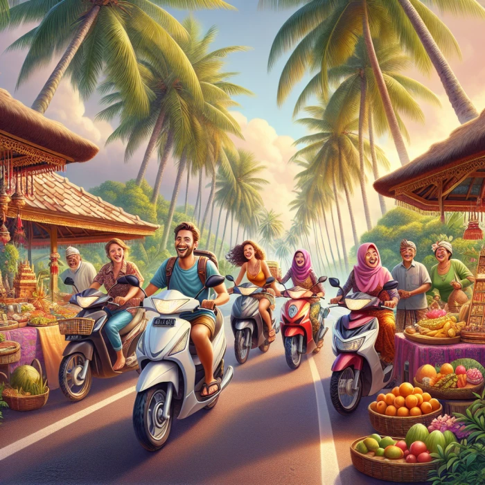 Riding scooters around Bali surrounded by palm threes with locals selling goods on the road