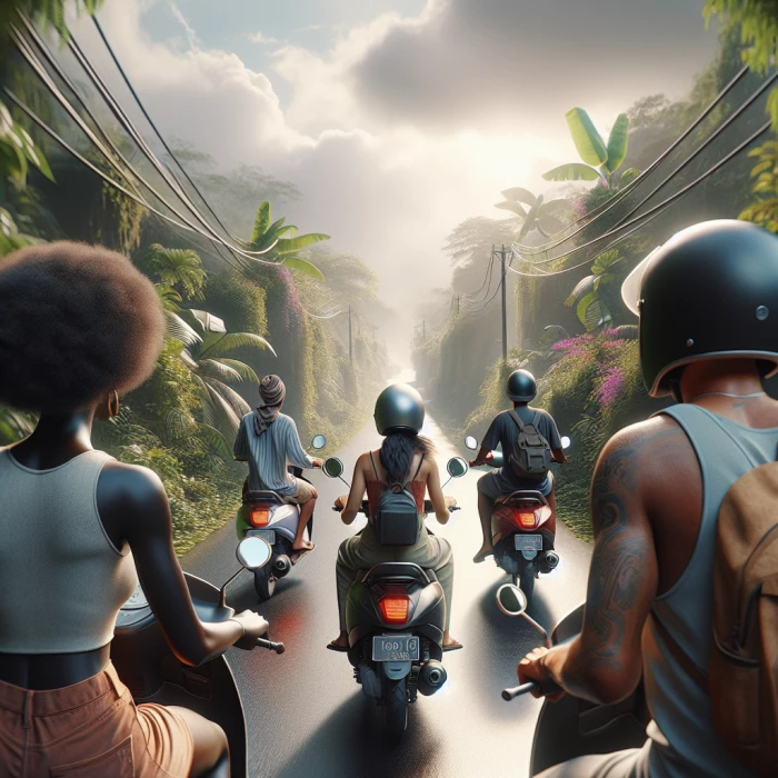 Riding scooters in Bali, photorealistic from behind