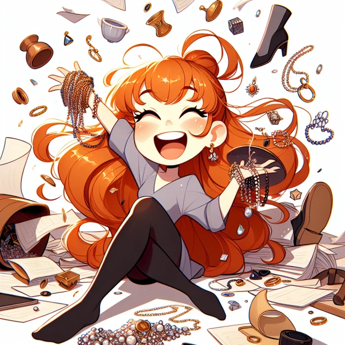 Happy Pippy longsock with orange hair jongling jewellery surrounded by chaos