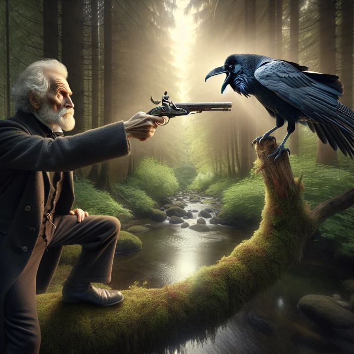 Old man in a gun fight with a raven