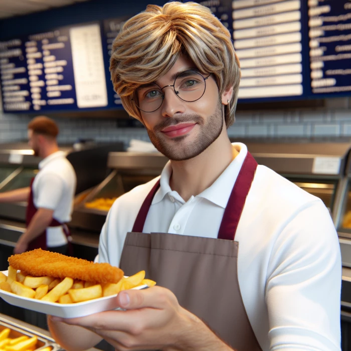 Jeff darmer with bob cut blonde hair and glasses serving fish and chips in a chip shop 