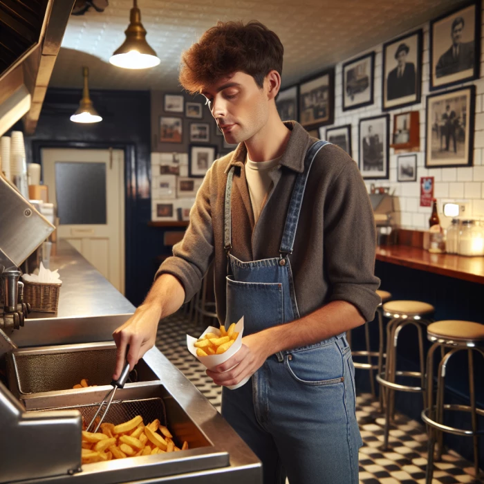 Jeffery daher working in a chip shop