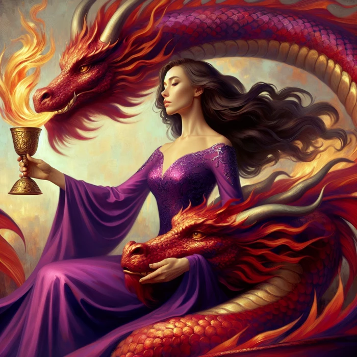 Women wearing purple with golden cup in hand riding a red seven headed dragon